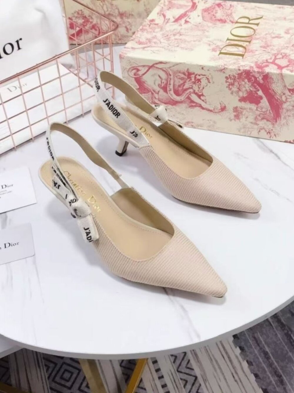 Dior J’Adior Ribbon Logo Pointed Toe Mid Heel Pumps